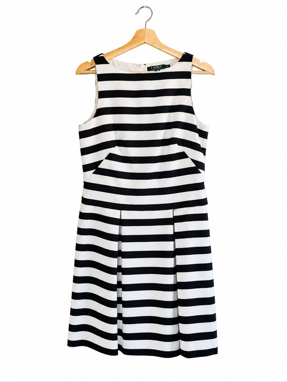 LAUREN Ralph Lauren Fit-and-Flare Black/White Striped Midi Dress Sz 8 Preppy